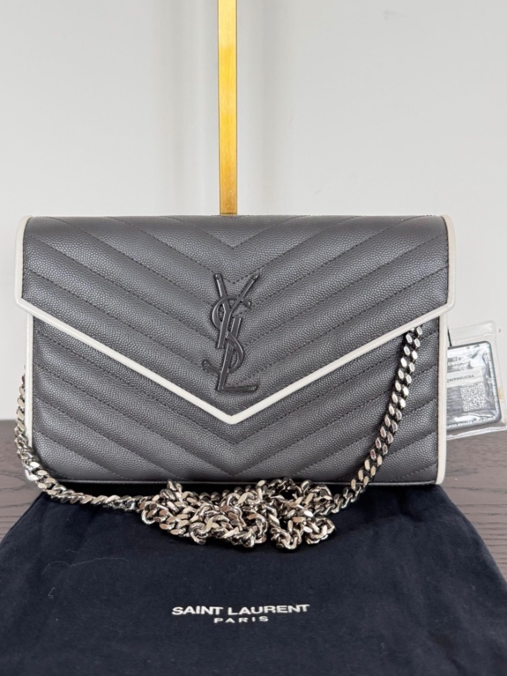 YSL Chevron Cassandre Quilted Grain de Poudre Envelope Chain on wallet w/COA
